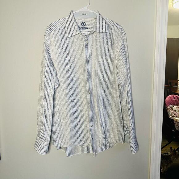 Bugatchi Uomo Blue White Floral Deisgn Classic Fit Collared Button Down Shirt XL - Picture 2 of 13